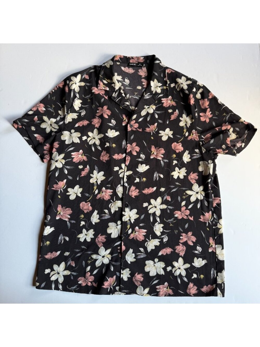 SHEIN Men's Black Floral Camp Collar Button Up Shirt - Size XL